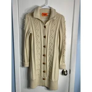 Y2K Juicy Couture Cardigan Sweater Small Cream Merino Wool Cable Knit Fishermen